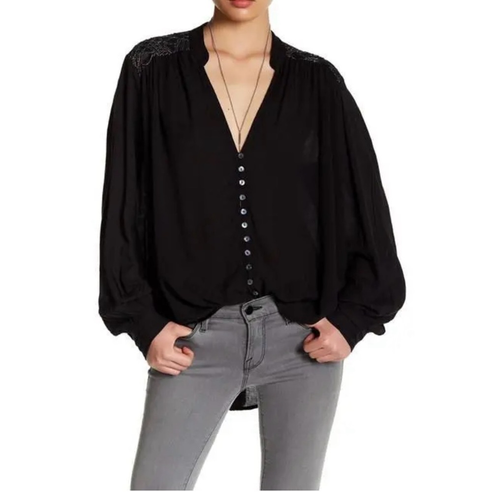 FREE PEOPLE Black‎ Canyon Rose Metallic-Lace Blouse Hi-Lo Oversized Top Size XS